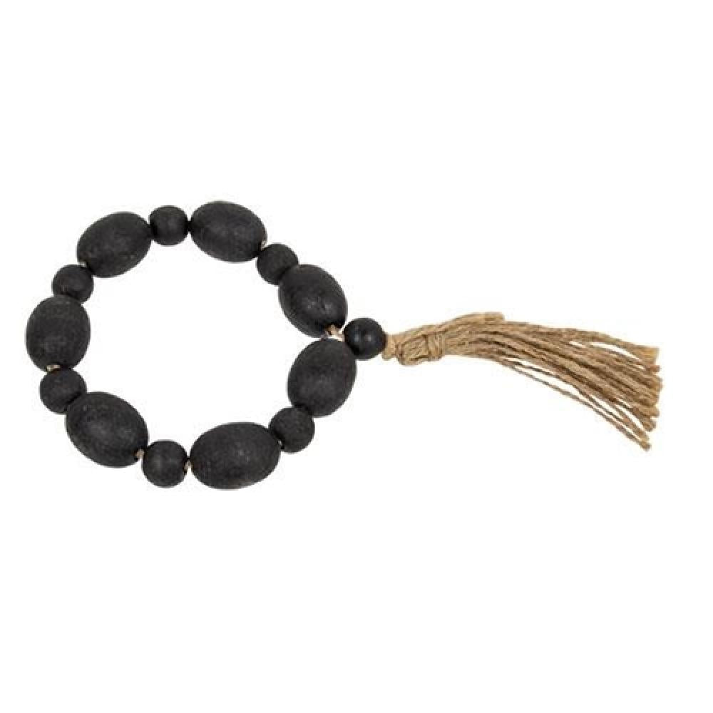 Black Distressed Wood Oval Bead Candle Ring with Jute Tassel - Rustic Home Decor for Farmhouse, Wedding Centerpiece & Table Setting
