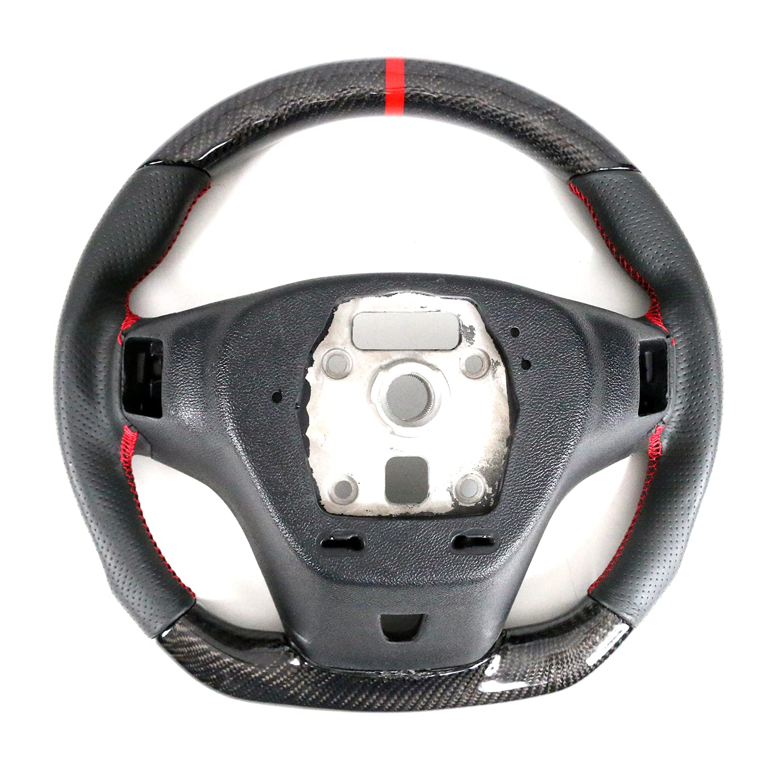 IKON MOTORSPORTS Steering Wheel for 2012-2015 Chevy Camaro - Black Carbon Fiber & Perforated Leather with Red Stitching & Red Indicator - Brushed Aluminum Trim Kit - Upgrade for Racing & Street Performance