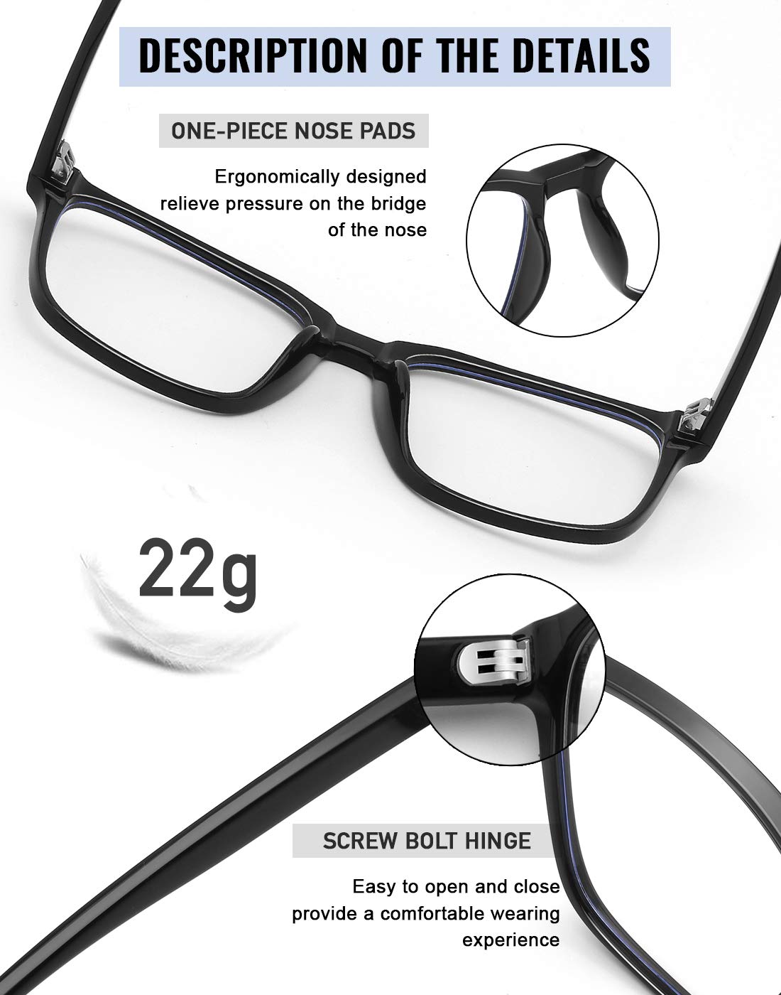 Blue Light Blocking Glasses - Oversized Square Computer Glasses for Women & Men - Anti Eye Strain, UV Protection - Perfect for Gaming, Office Work & Screen Time