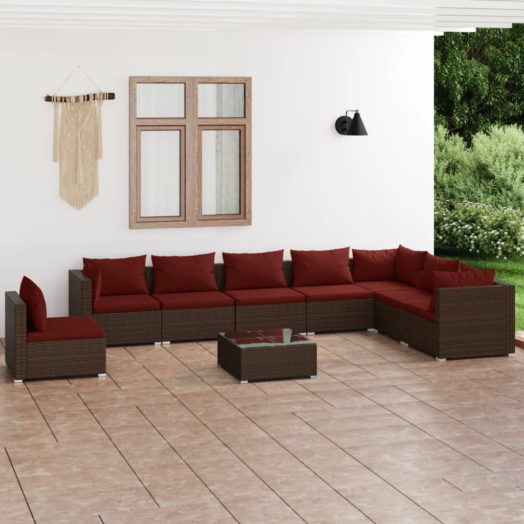9-Piece vidaXL Patio Lounge Set - Outdoor Garden Furniture with Cushions, Brown Poly Rattan Sectional Sofa for Backyard, Poolside & Patio Relaxation