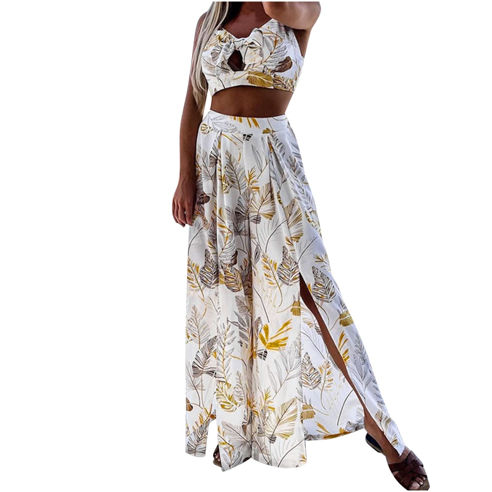 Women's Printed Two-Piece Pantsuit Set - Elegant Bow Camisole & Slit Trousers | Summer Casual Matching Outfits for Work, Date Night & Special Occasions