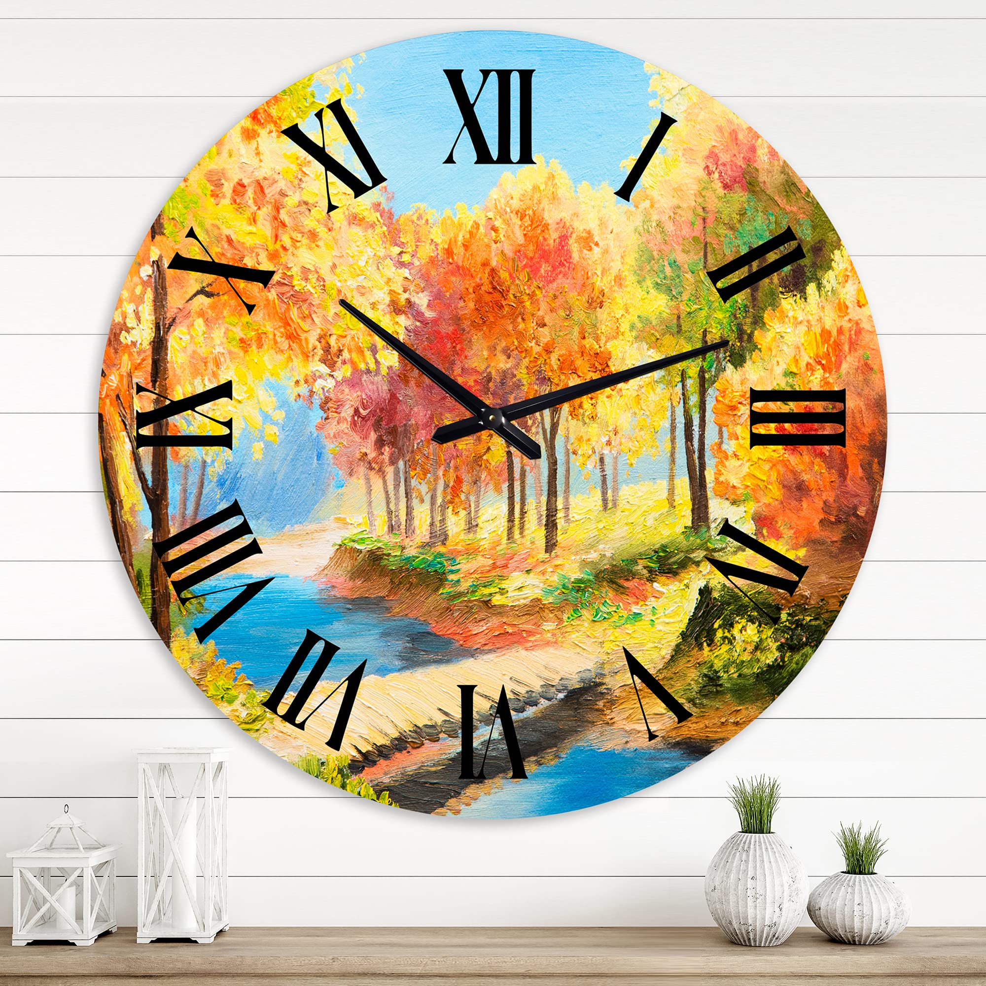 DesignQ Lake House Wall Clock - Yellow & Orange Trees Riverside Landscape Large Wall Clock for Kitchen, Living Room, Bedroom Decor | Perfect for Farmhouse, Cottage & Home Office Décor