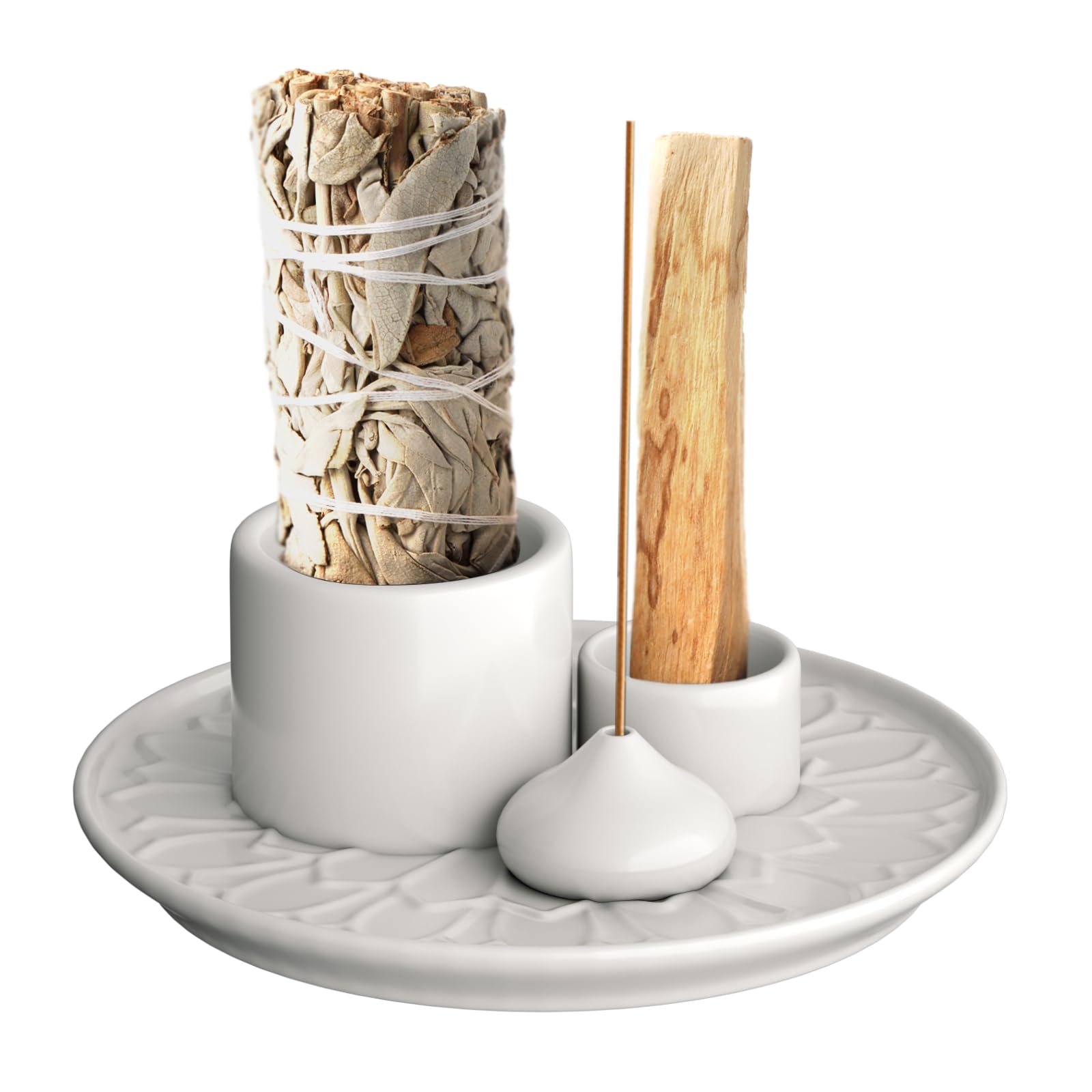 Palo Santo Holder - 4 in 1 Ceramic Incense & Candle Holder with Ash Catcher Tray - Meditation Room Decor for Yoga, Aromatherapy & Spiritual Healing - Easy Clean White Home Accessory