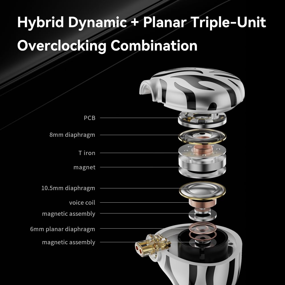 TRN White Tiger Hybrid Dual Dynamic Driver & Planar Diaphragm 0.78mm 2Pin HiFi Earphones (No Mic) - Audiophile IEMs for Music Production, Gaming & Critical Listening
