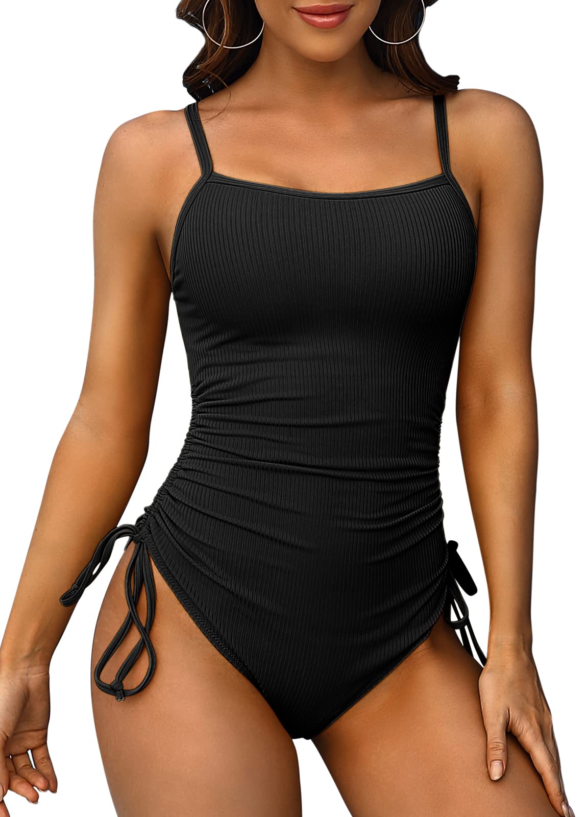 2025 Women's Ribbed One Piece Swimsuit - Tummy Control Tie Side High Cut Bathing Suit with Ruched Design | Perfect for Beach Vacations, Pool Parties & Summer Getaways