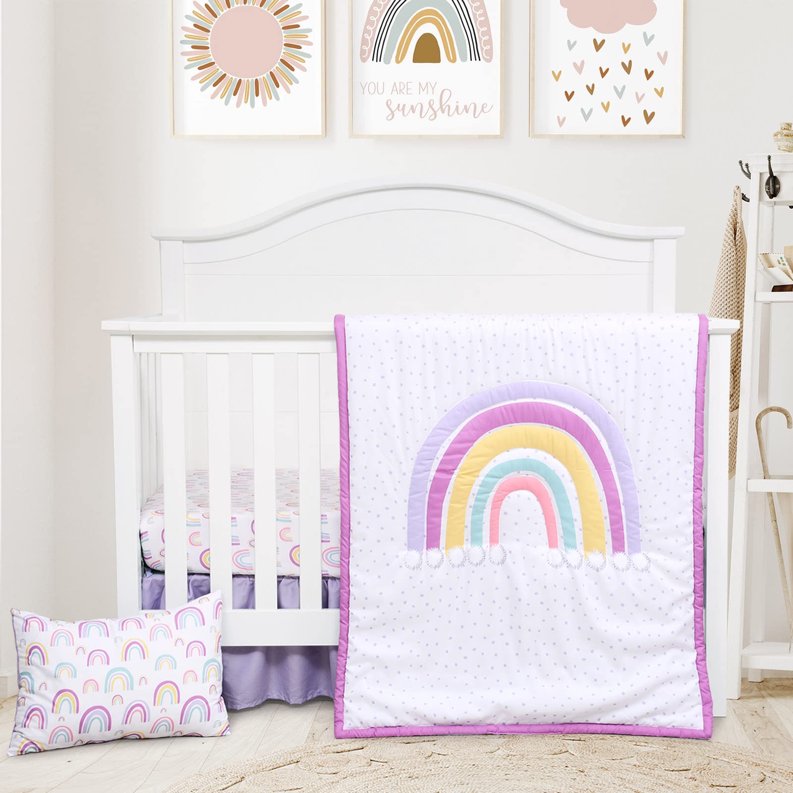 JISEN 4-Piece Baby Crib Bedding Set for Girls & Boys - Soft Nursery Bedding with Quilt, Fitted Sheet, Pillowcase & Crib Skirt - Rainbow Design for Safe & Comfortable Sleep