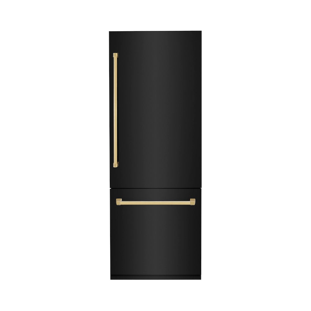 ZLINE Autograph Edition 30-Inch Built-In Bottom Freezer Refrigerator - 16.1 cu. ft. Capacity, Black Stainless Steel with Polished Gold Accents, Water Dispenser & Ice Maker - Perfect for Modern Kitchens & Luxury Homes (RBIVZ BS 30 G)