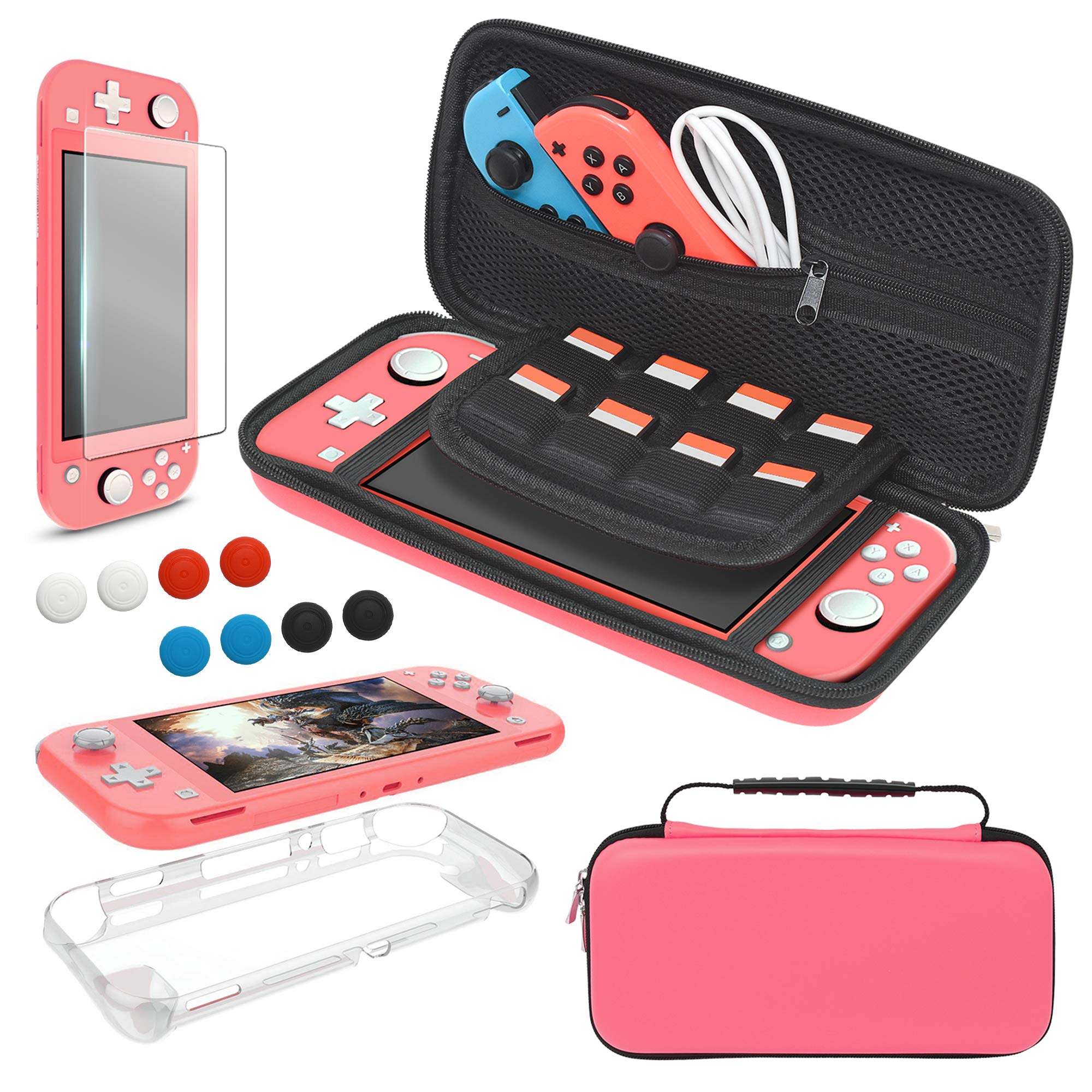 Nintendo Switch Lite Accessories Bundle - Coral Carry Case, TPU Protective Cover, Thumb Grip Covers & Screen Protector | Travel Protection Kit for Gaming on the Go