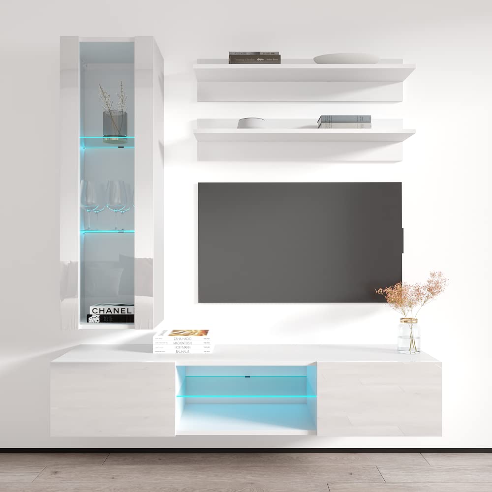 Modern Floating TV Stand with Storage & LED Lights - Wall-Mounted Entertainment Center for Bedroom & Living Room - H2 33