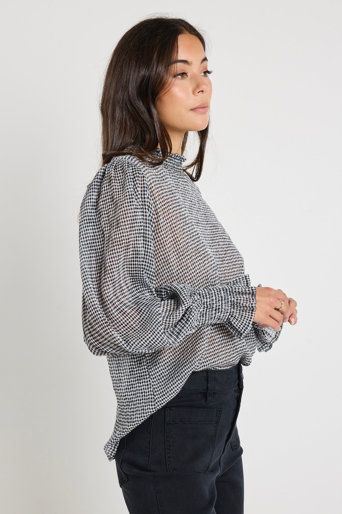 Stylish Black Gingham Shirred Neck Long Sleeve Top for Women - Perfect for Office Wear, Date Nights & Casual Outfits