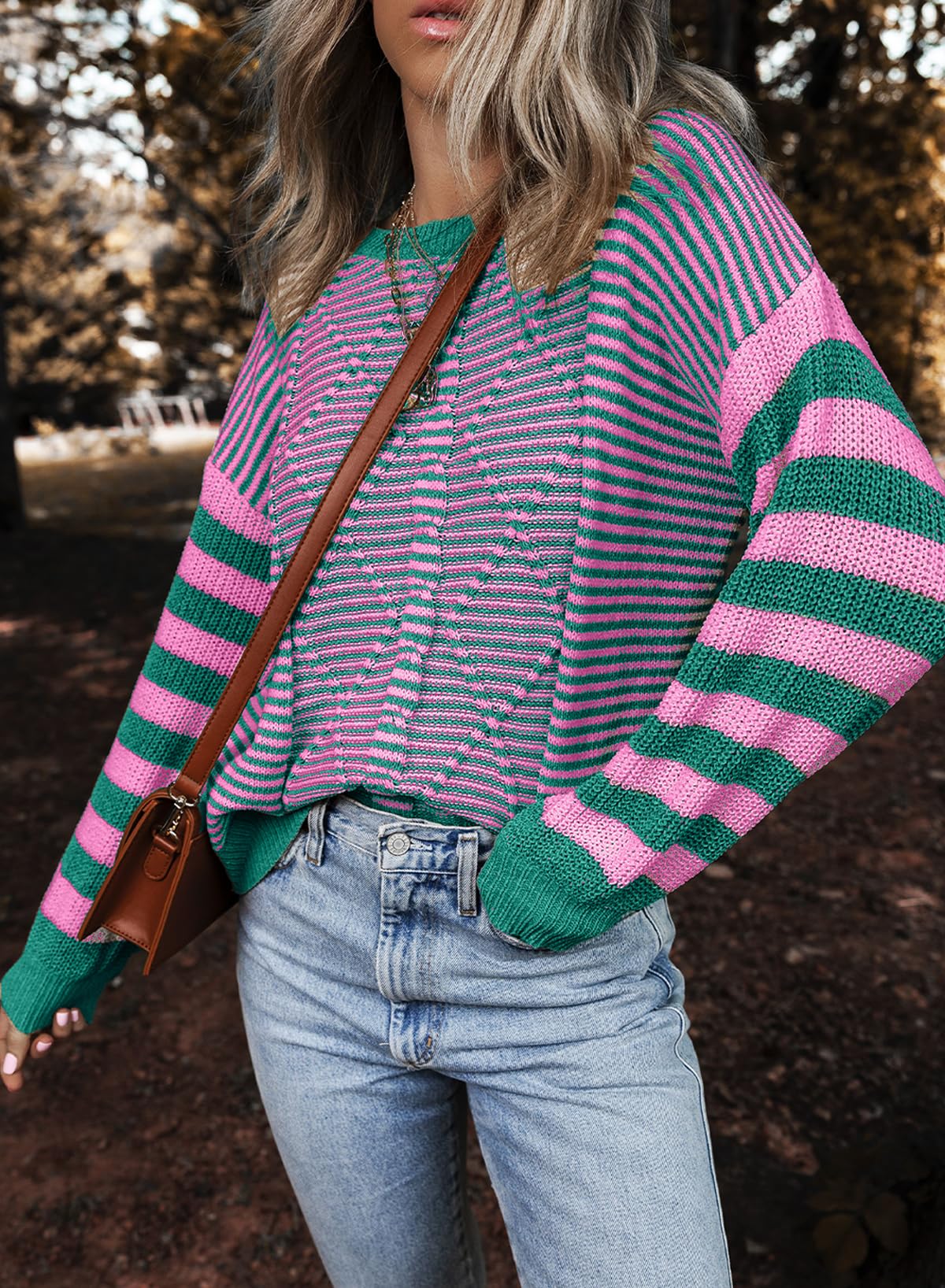 EVALESS Women's Striped Cable Knit Pullover Sweater - Trendy Fall Winter 2024 Fashion - Perfect for Office, Casual Outfits & Holiday Season