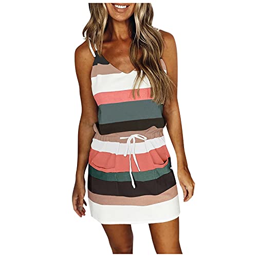 Stylish 2021 Women's Summer Casual V-Neck Sleeveless Mini Dress with Belt & Stripe Strap - Perfect for Beach Vacations, Date Nights & Summer Parties