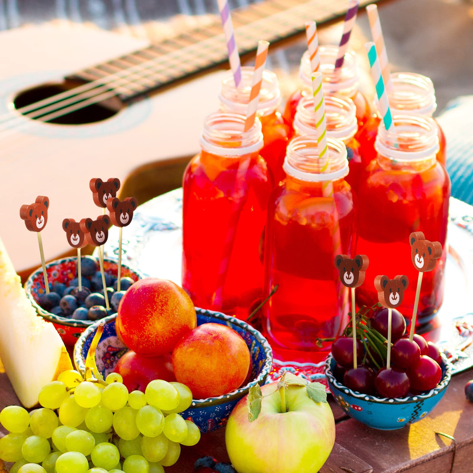 Meanplan 100 Pcs Bear Face Cocktail Picks - Bamboo Skewers for Appetizers, Fruits & Desserts - Cute Food Toothpicks for Baby Shower, Birthday, Wedding & Party Supplies - Perfect for Cocktails, Charcuterie Boards & Holiday Entertaining