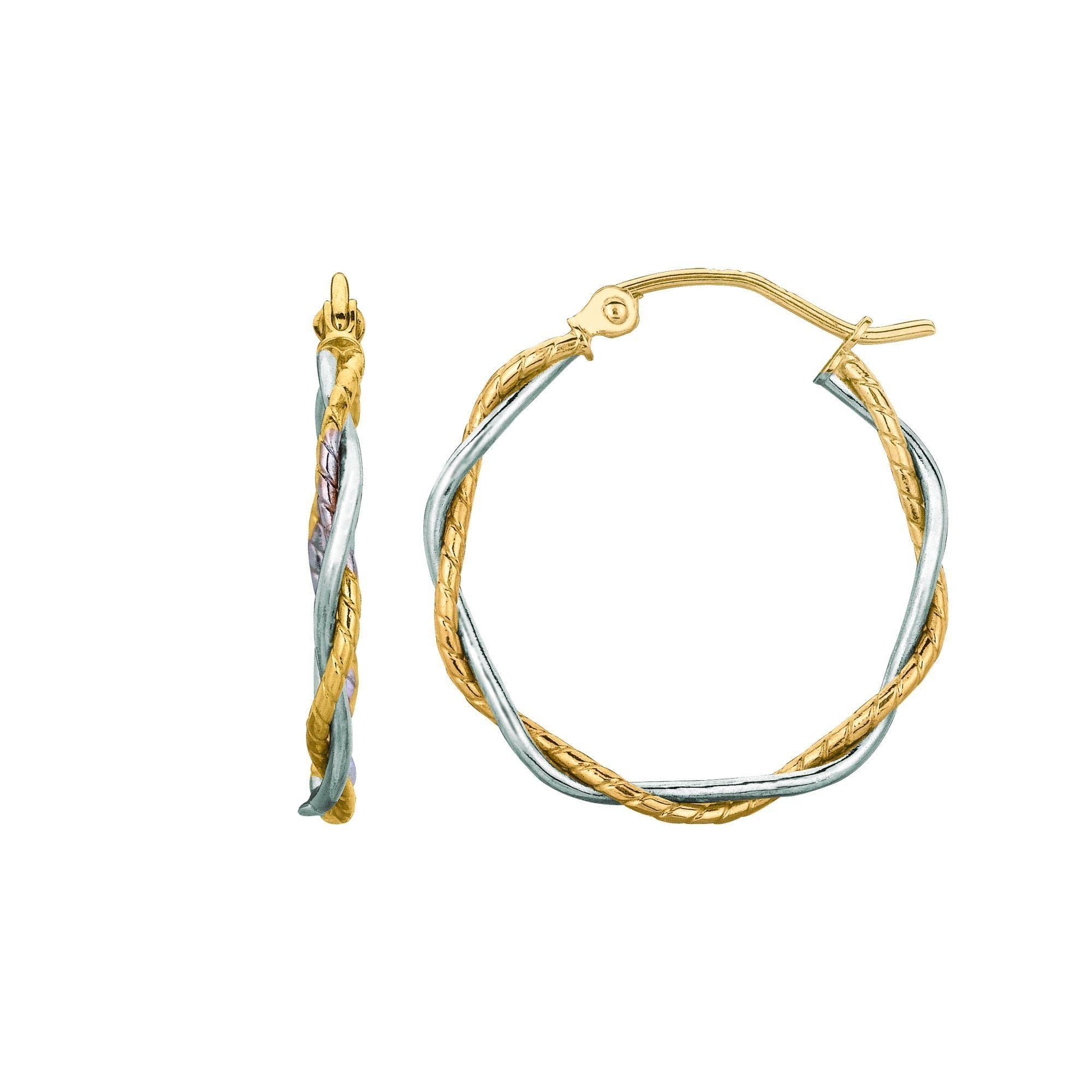 14K Yellow & White Gold Two-Tone Double Row Polished Diamond-Cut Twist Hoop Earrings with Hinged Closure - Perfect for Weddings, Parties & Special Occasions