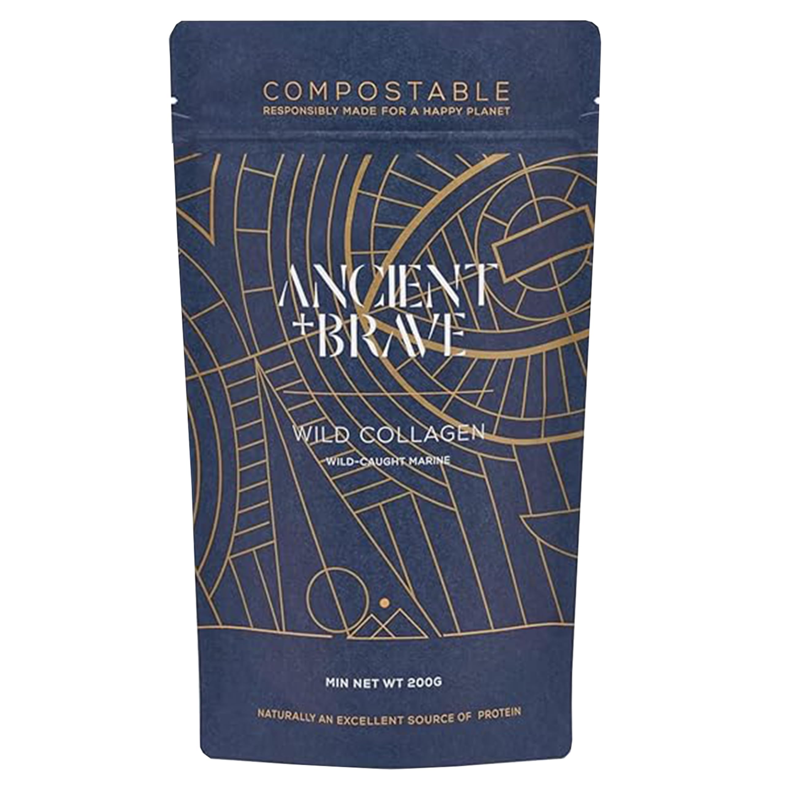 Ancient + Brave Wild Collagen Powder 200g - Pure Hydrolyzed Marine Collagen Peptides (Fish) for Women - High Protein Supplement - Halal Certified - Compostable Eco-Friendly Packaging - Supports Skin, Hair & Joint Health - Perfect for Smoothies, Coffee & Baking