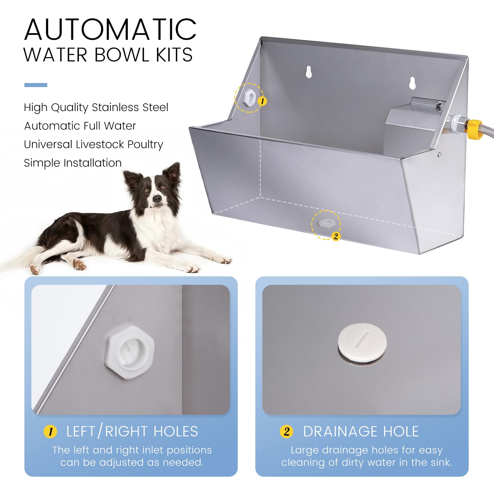 Automatic Dog Water Dispenser - 2.1 Gallon Stainless Steel Pet Water Bowl for Outdoor Use, Self-Filling Waterer for Dogs, Cats, Chickens & Livestock with Drainage Hole - Perfect for Backyards, Kennels & Farms