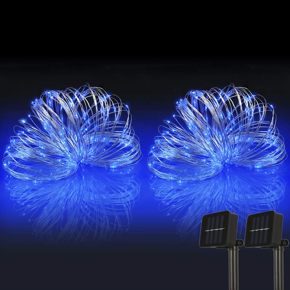 Woohaha Solar String Lights 2 Pack - 33ft 100 LED Waterproof Fairy Lights with 8 Modes, Blue Copper Wire Starry Lights for Garden, Patio, Wedding, Party & Home Decoration (Outdoor/Indoor Use) - Perfect for Backyard, Christmas, Halloween & Romantic Ambiance Lighting