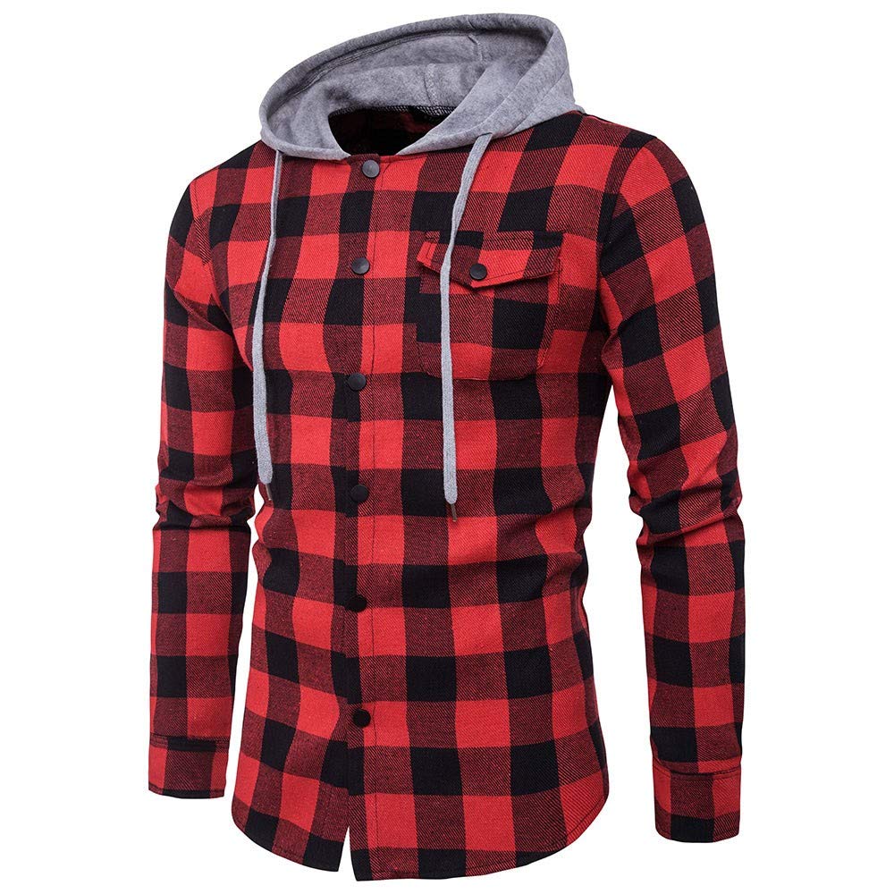 Men's Casual Plaid Button Down Long Sleeve Pullover Sweatshirt with Drawstring Hood - Comfortable Crew Neck Hippie Style Top for Everyday Wear, Outdoor Activities & Street Fashion