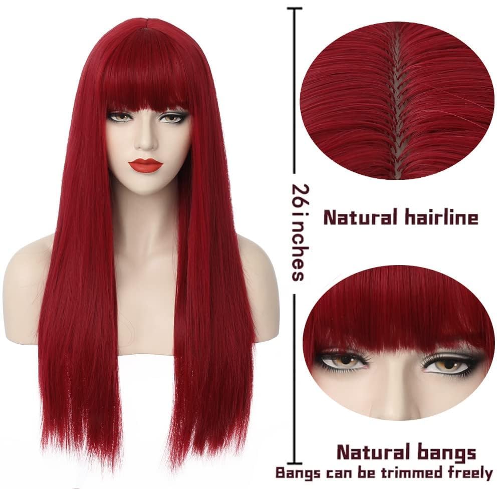 RightOn Long Straight Red Wig with Bangs - Wine Red Full Machine-Made Synthetic Wig for Cosplay, Halloween, Parties & Daily Wear | Heat Resistant & Natural Look
