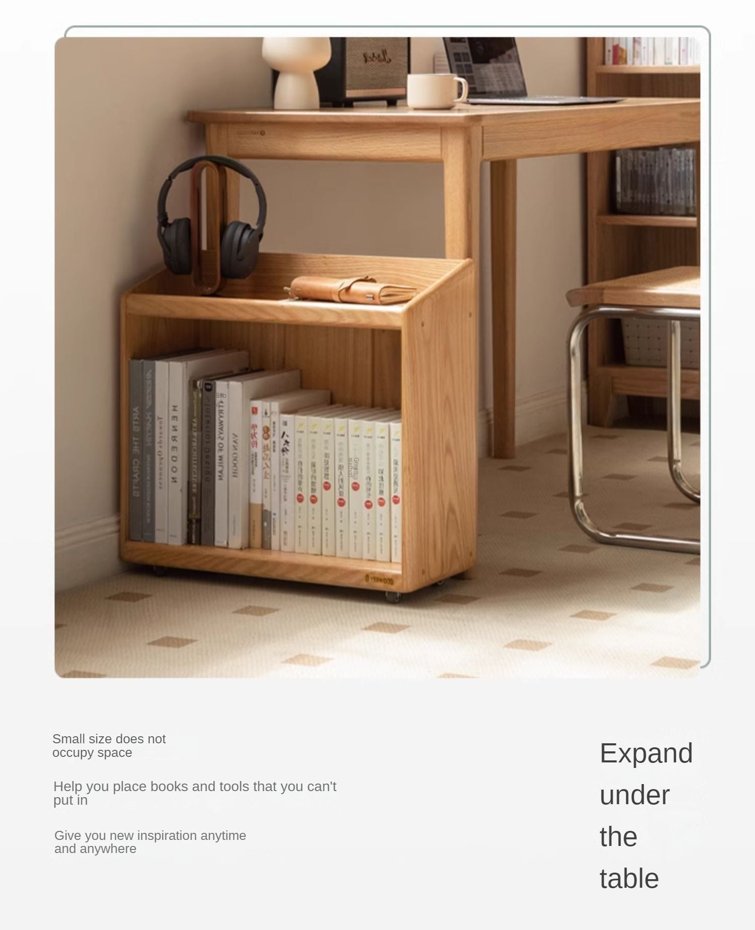 Solid Oak Wood Under Desk Mobile Bookshelf - Rolling Storage Organizer for Home Office, Study, or Kids Room - Perfect for Files, Books, and Supplies