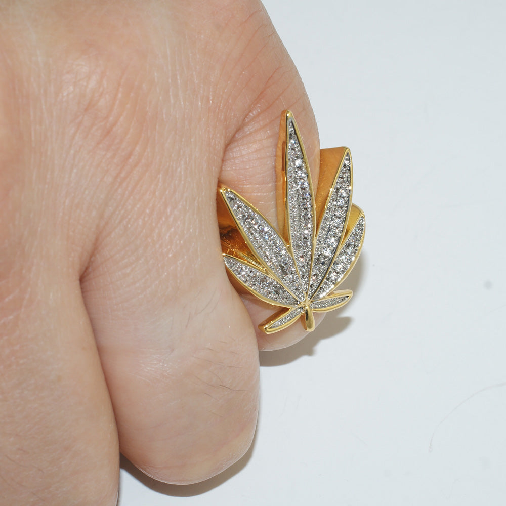 3D Gold Marijuana Leaf Iced Out Ring for Men & Women - Hip Hop Bling Jewelry for Rappers, Stoner Fashion Accessory, 420 Party Gift