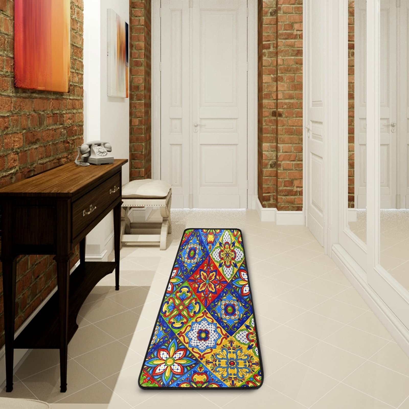 Authentic Mexican Talavera Ceramic Tile Pattern Runner Rug - Anti-Fatigue Comfort Floor Mat for Kitchen, Bedroom, Living Room, Bathroom & Hallways - 72x24 Inch Non-Slip Entryway Rug - Perfect for Southwestern & Boho Home Decor