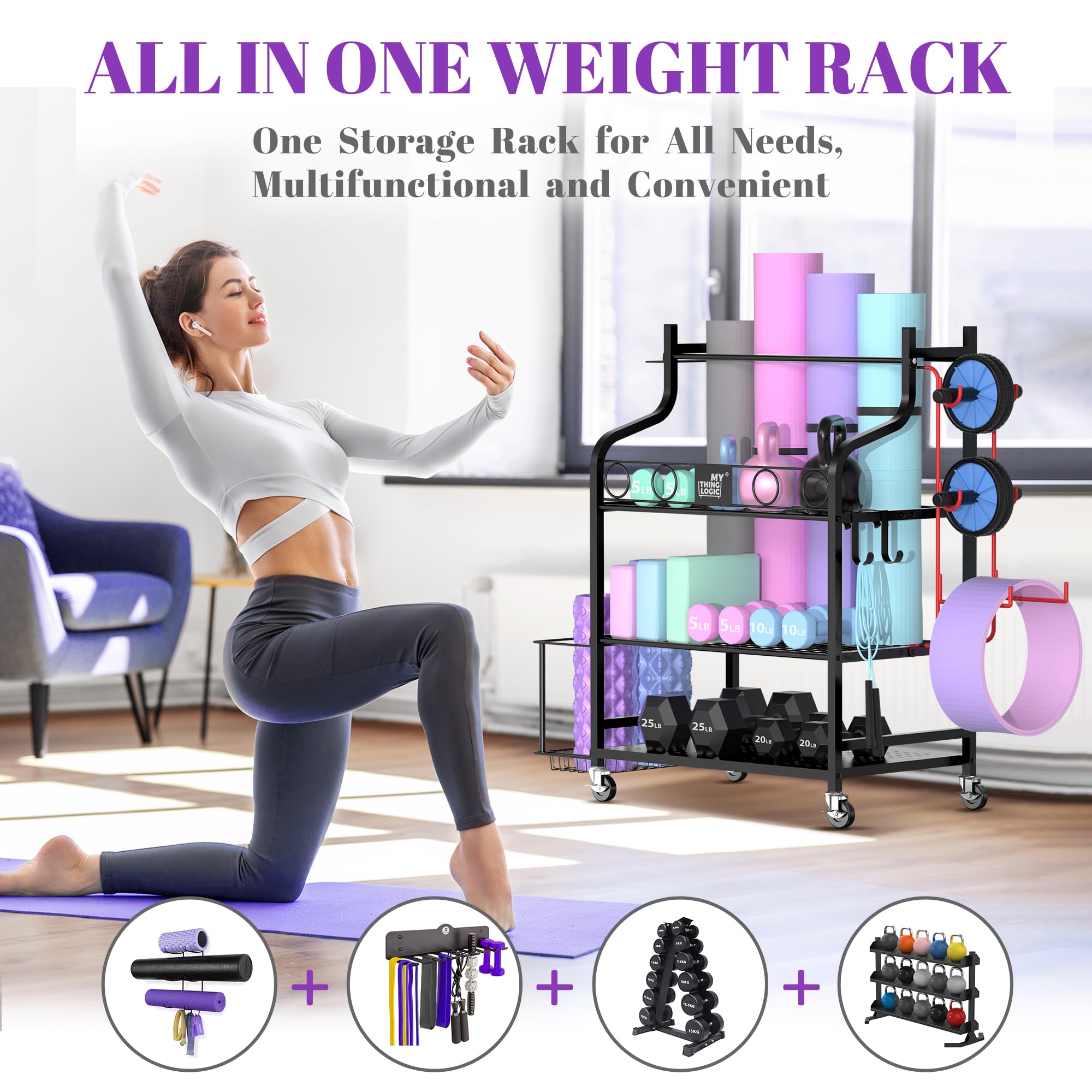 Mythinglogic Yoga Mat Storage Rack - Heavy Duty Home Gym Organizer for Dumbbells, Kettlebells, Foam Rollers, Yoga Straps & Resistance Bands - Space Saving Workout Equipment Storage with Hooks & Wheels - Perfect for Home Gym, Yoga Studio & Fitness Room Organization