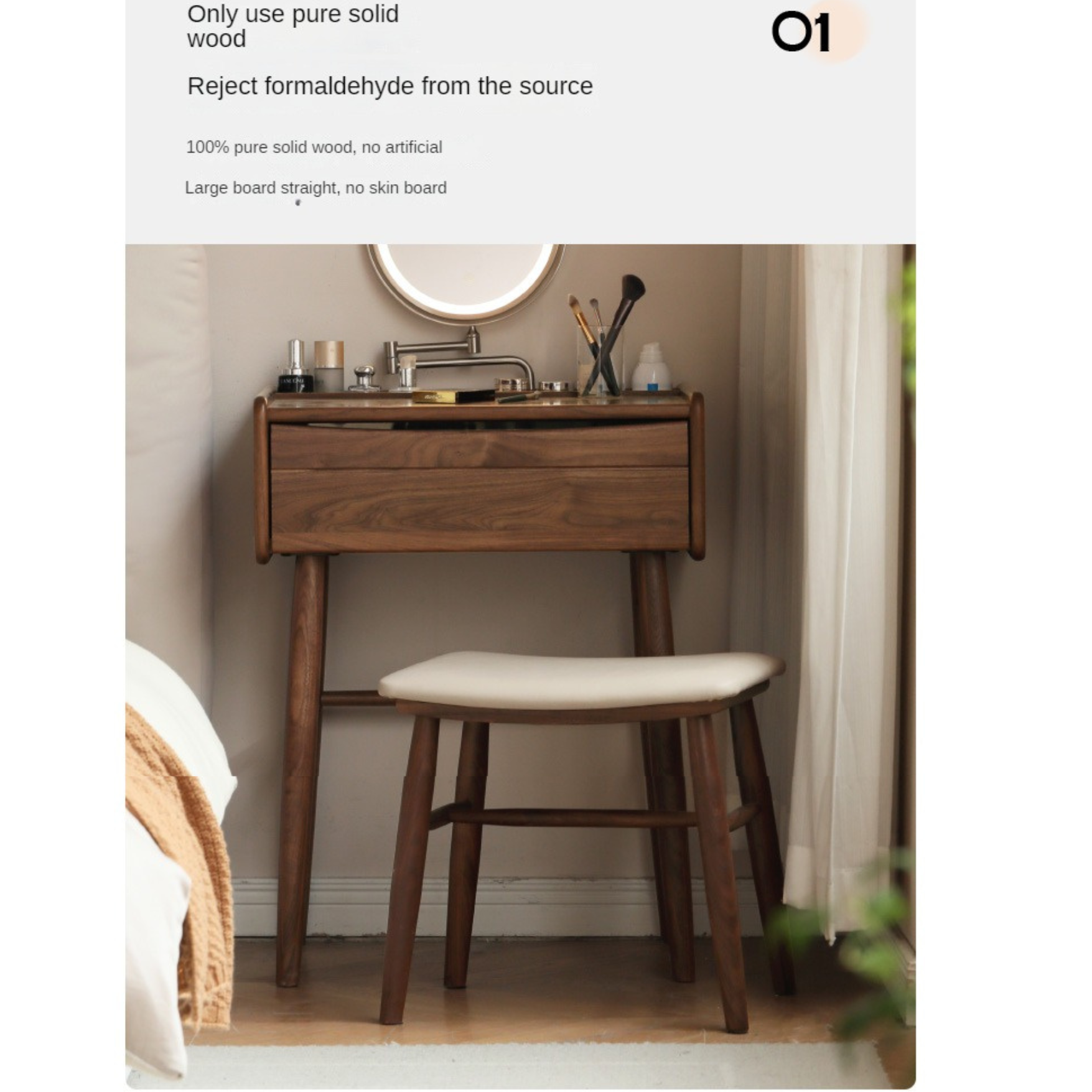Premium Black Walnut Solid Wood Vanity Dresser with Mirror | Elegant Makeup Dressing Table for Bedroom & Bathroom | Natural Wooden Vanity Desk with Storage