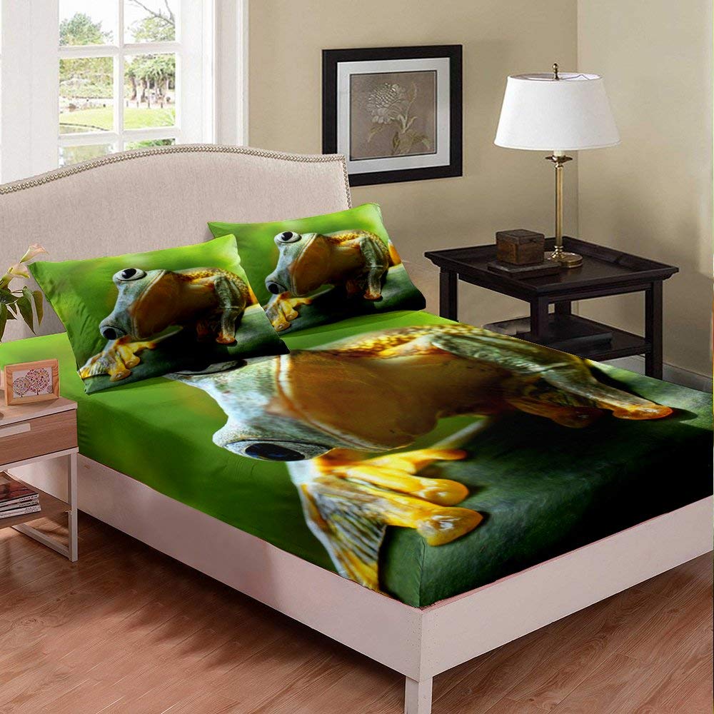 3D Tropical Rainforest Green Frog Print Queen Size Bed Sheet Set - 3 Pieces (1 Fitted Sheet + 2 Pillowcases) for Boys & Girls | Cute Nature-Themed Duvet Cover | Perfect for Kids' Bedrooms, Jungle-Themed Decor & Nature Lovers