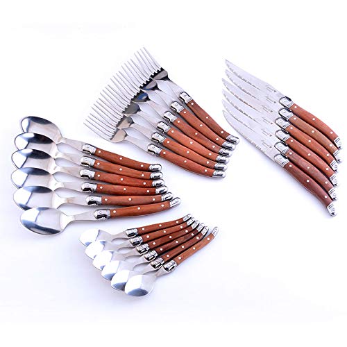 Premium 24-Piece Laguiole Steak Knives Set with Wooden Handles - Stainless Steel Western Cutlery Flatware for Steak Dinner, BBQ & Fine Dining (Fork, Spoon, Knife) - Elegant Wooden Tableware Set for Restaurant & Home Use