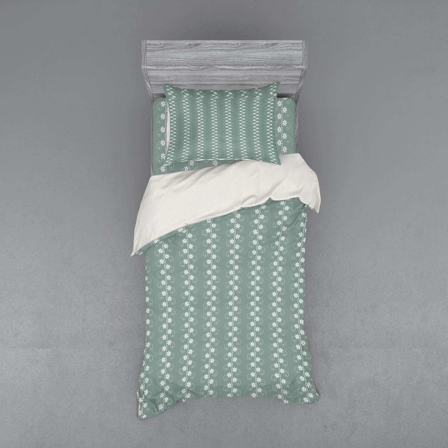 Ambesonne Spring Duvet Cover Set - Vintage Floral Rococo Lace Pattern 3-Piece Bedding Set with Sham & Fitted Sheet, Twin Size, Pale Sage Green & White - Perfect for Spring Bedroom Decor, Guest Room Makeover & Romantic Cottage Style