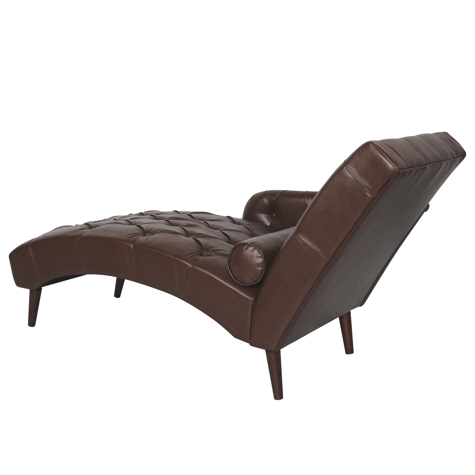 Mid Century Modern Chaise Lounge Chair - Upholstered PU Leather with Lumbar Pillow & Wood Legs - Comfy Indoor Lounge Chair for Living Room, Bedroom | Perfect for Relaxing, Reading & Napping