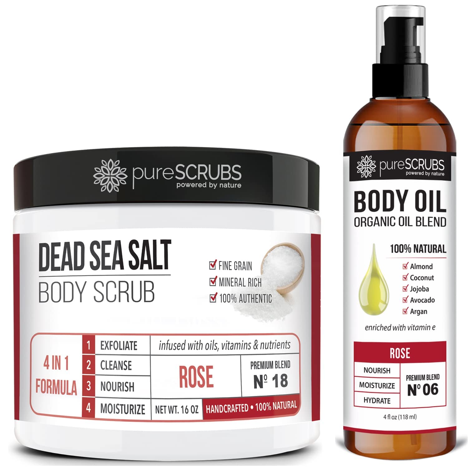 PureSCRUBS Exfoliating Rose Body Scrub & Hydrating Rose Body Oil Set - Natural Skincare Duo for Smooth, Glowing Skin | Perfect for Dry Skin Care & Spa Day at Home
