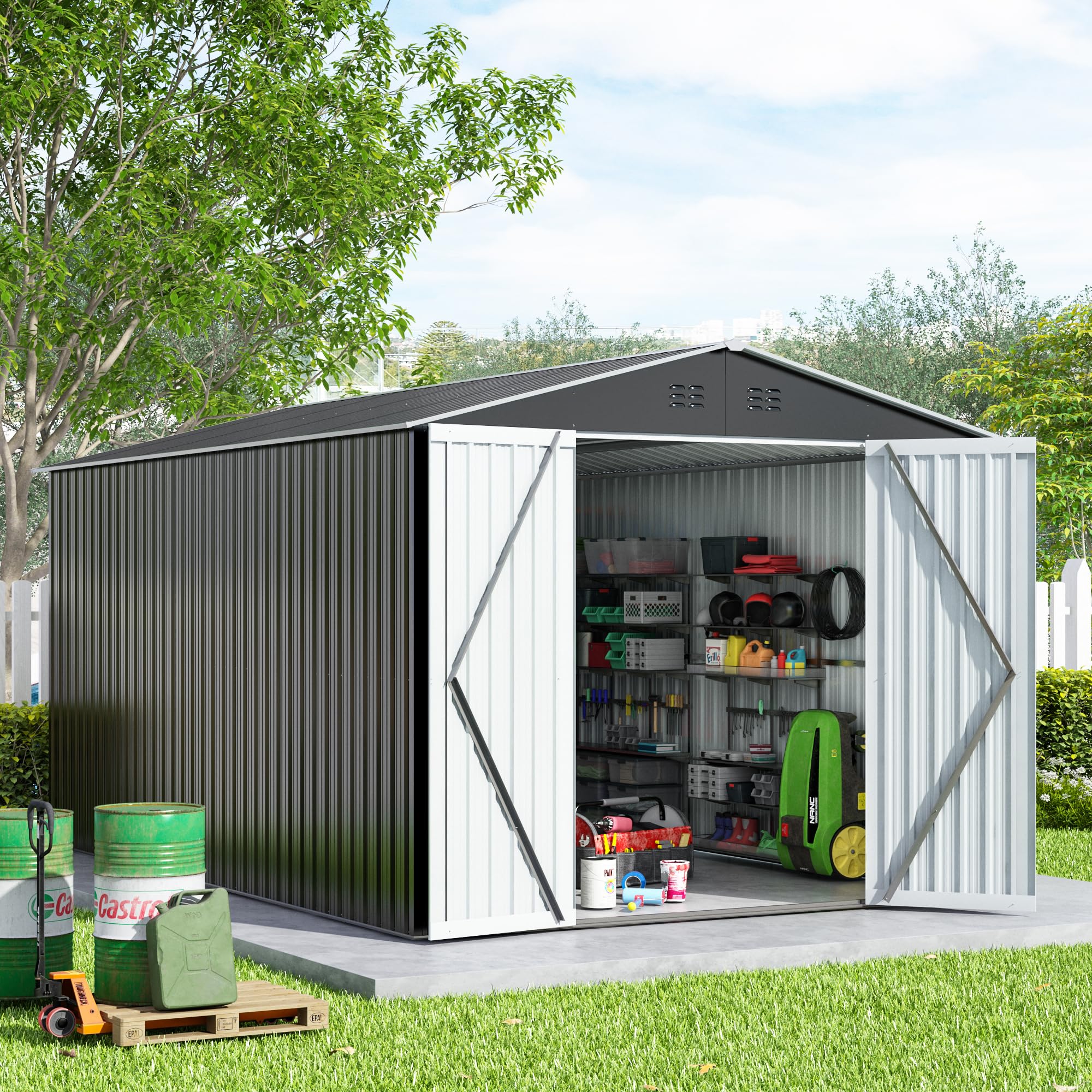 8x12 FT Heavy Duty Outdoor Storage Shed - Large Metal Tool Shed with Reinforced Frame & Lockable Doors - Weatherproof Garden Shed for Backyard, Patio, Lawn Equipment (Grey) | Perfect for Storing Tools, Lawn Mowers & Outdoor Gear