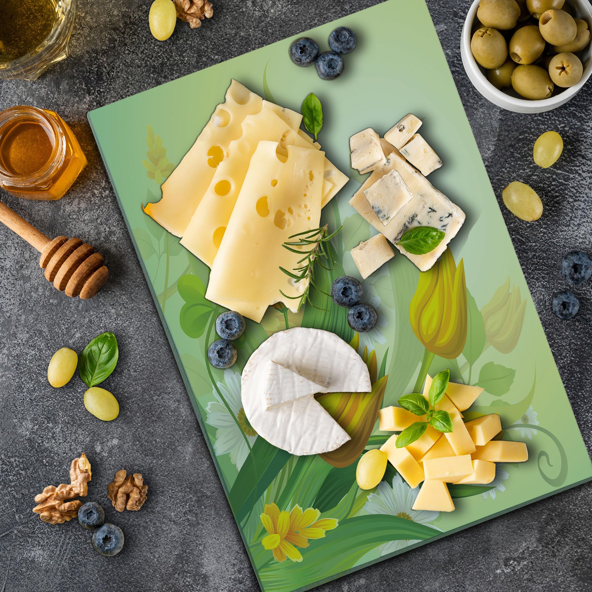 Lunarable Tulip Cutting Board - Tempered Glass Serving Tray with Fresh Spring Tulip & Chamomile Bouquet Design - Large Decorative Kitchen Board for Entertaining, Green & Yellow - Perfect for Cheese Platters, Charcuterie & Party Serving