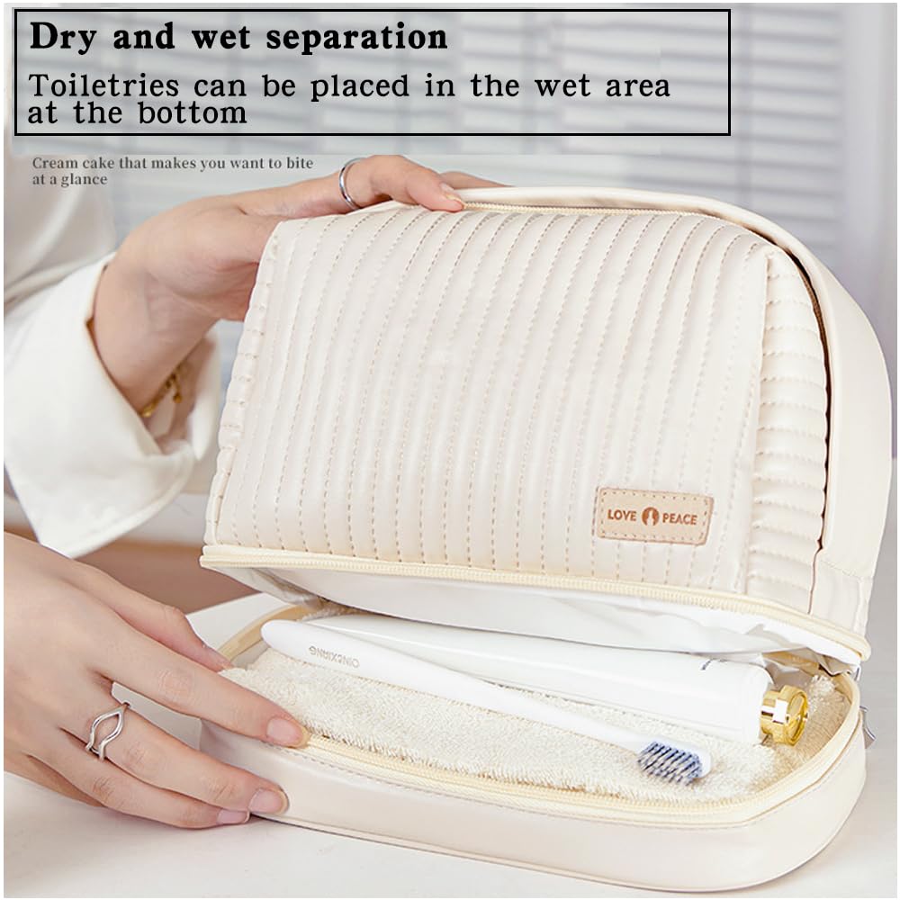 Waterproof Leather Cosmetic Bag Set of 3 - Cute Travel Makeup Organizer with Handle & Zipper for Women | Portable Toiletry Bags for Travel, Gym & Daily Use (Off-White)