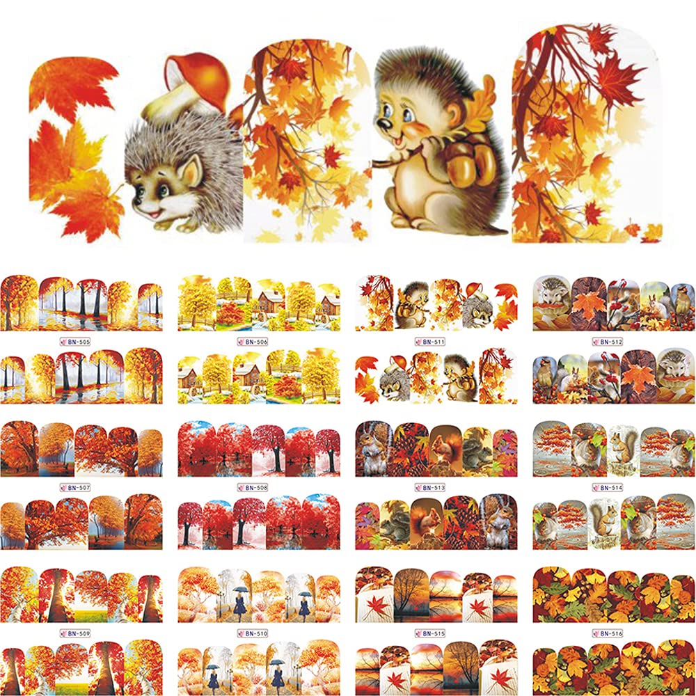 Thanksgiving Nail Stickers - 12 Fall Nail Art Designs with Squirrel & Maple Leaf Patterns | DIY Water Transfer Nail Decals for Women, Girls & Kids | Perfect for Thanksgiving Decorations, Holiday Parties & Seasonal Nail Art