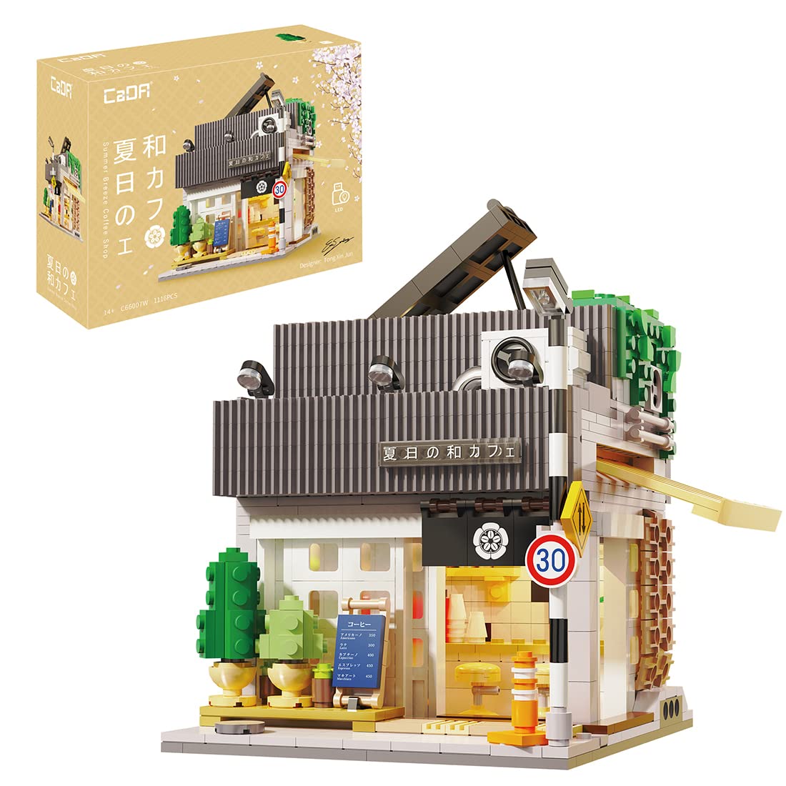 XSHION CADA C66007W Japanese Coffee Shop Building Bricks Model with LED Lighting Kit - 1116PCS MOC Architecture Construction Toy, Compatible with Lego - Perfect for City Street View Display, Home Decoration & Gift for Adults & Kids