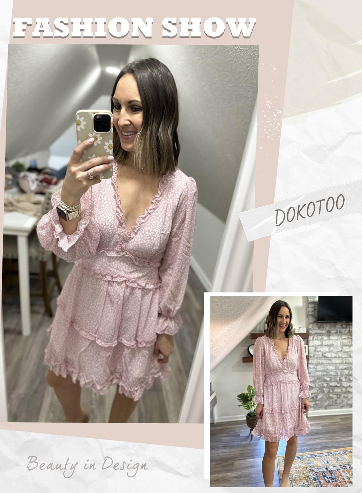 Dokotoo Women's Deep V Neck Long Sleeve Backless Ruffle Floral Mini Dress - Spring Summer 2025 Flowy Party Cocktail Dress for Date Night & Wedding Guest Outfits