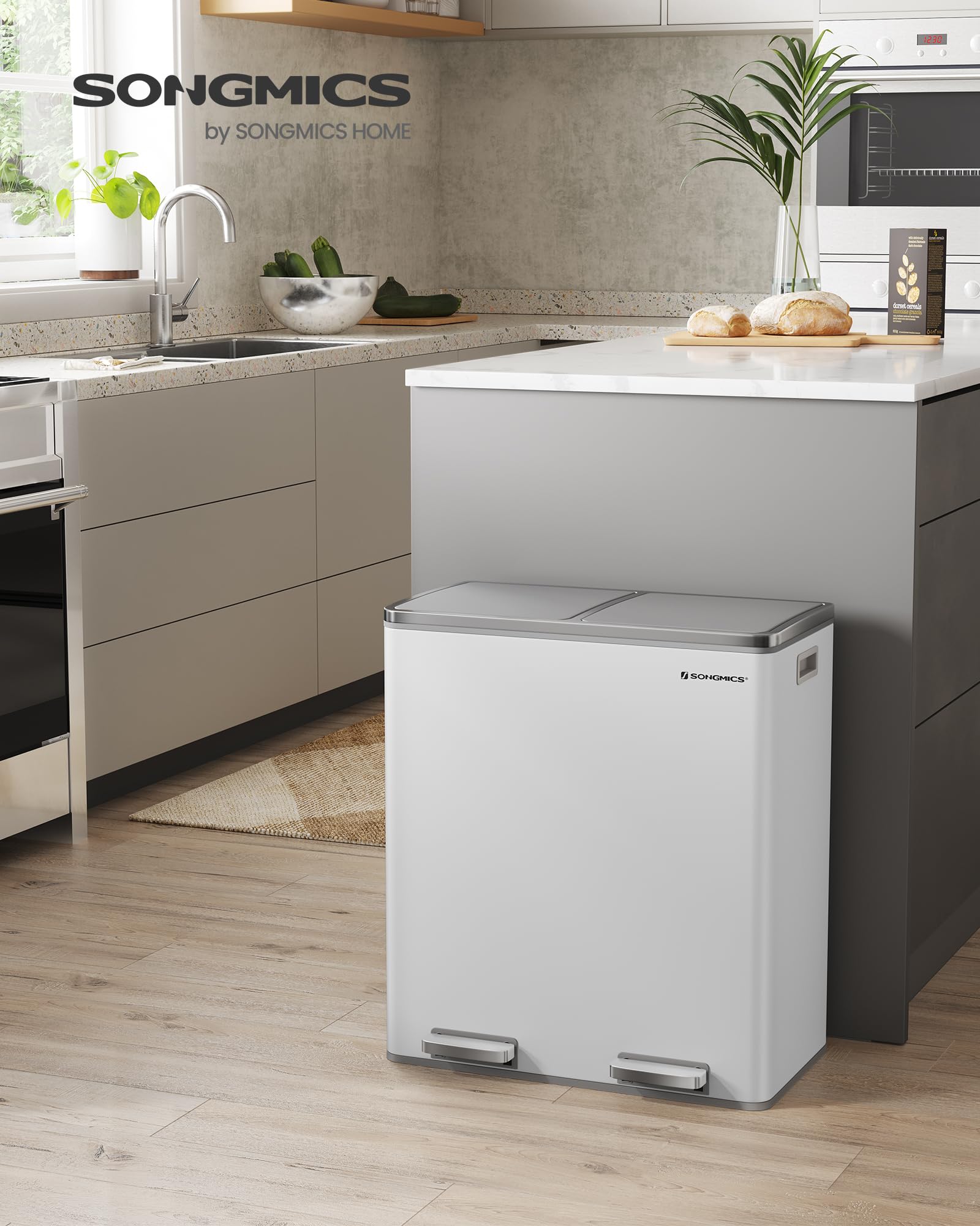 SONGMICS 8 Gallon (30L) Kitchen Trash Can with Lid - 2 Pack, Airtight Waste Bin with 2 Compartments, Includes 15 Trash Bags, White & Gray - Perfect for Home, Office, and Restaurant Use