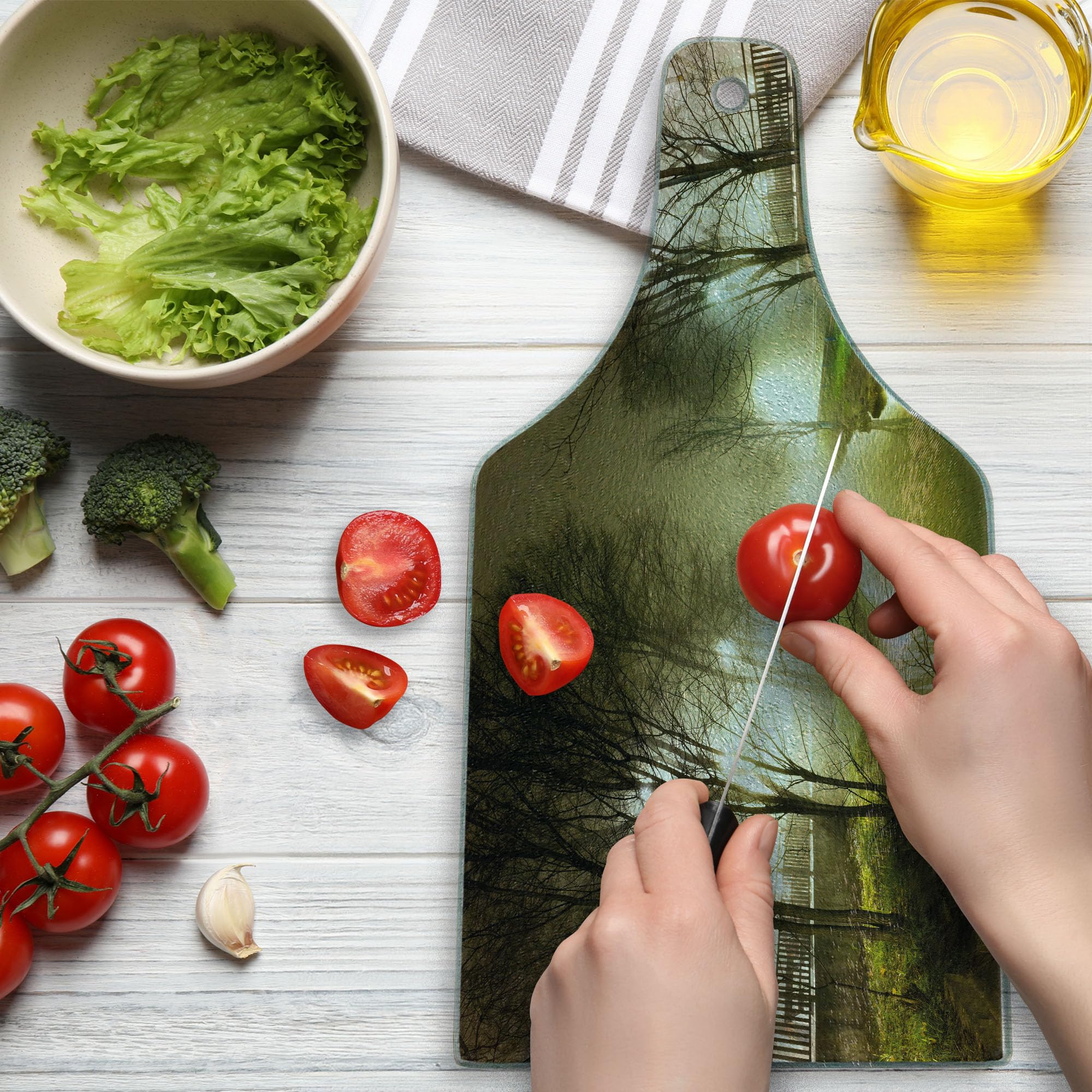 Ambesonne Forest Themed Tempered Glass Cutting Board - Winter Night Trees & Foggy Street Design - Wine Bottle Shape Serving Board for Kitchen & Dining - White Green Brown Decorative Board for Charcuterie, Cheese & Wine Pairing