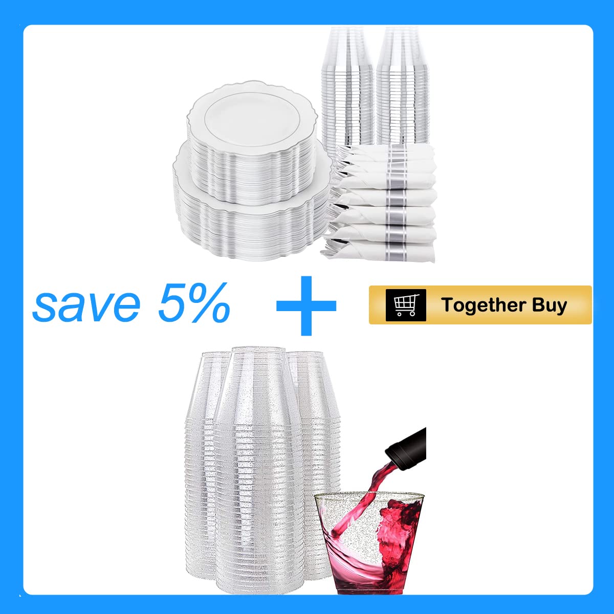 200-Pack 9OZ Silver Disposable Cups + 350 Silver Plastic Plates & Pre-Rolled Napkins with Cutlery Set - Elegant Party Tableware for Weddings, Birthdays, and Special Events
