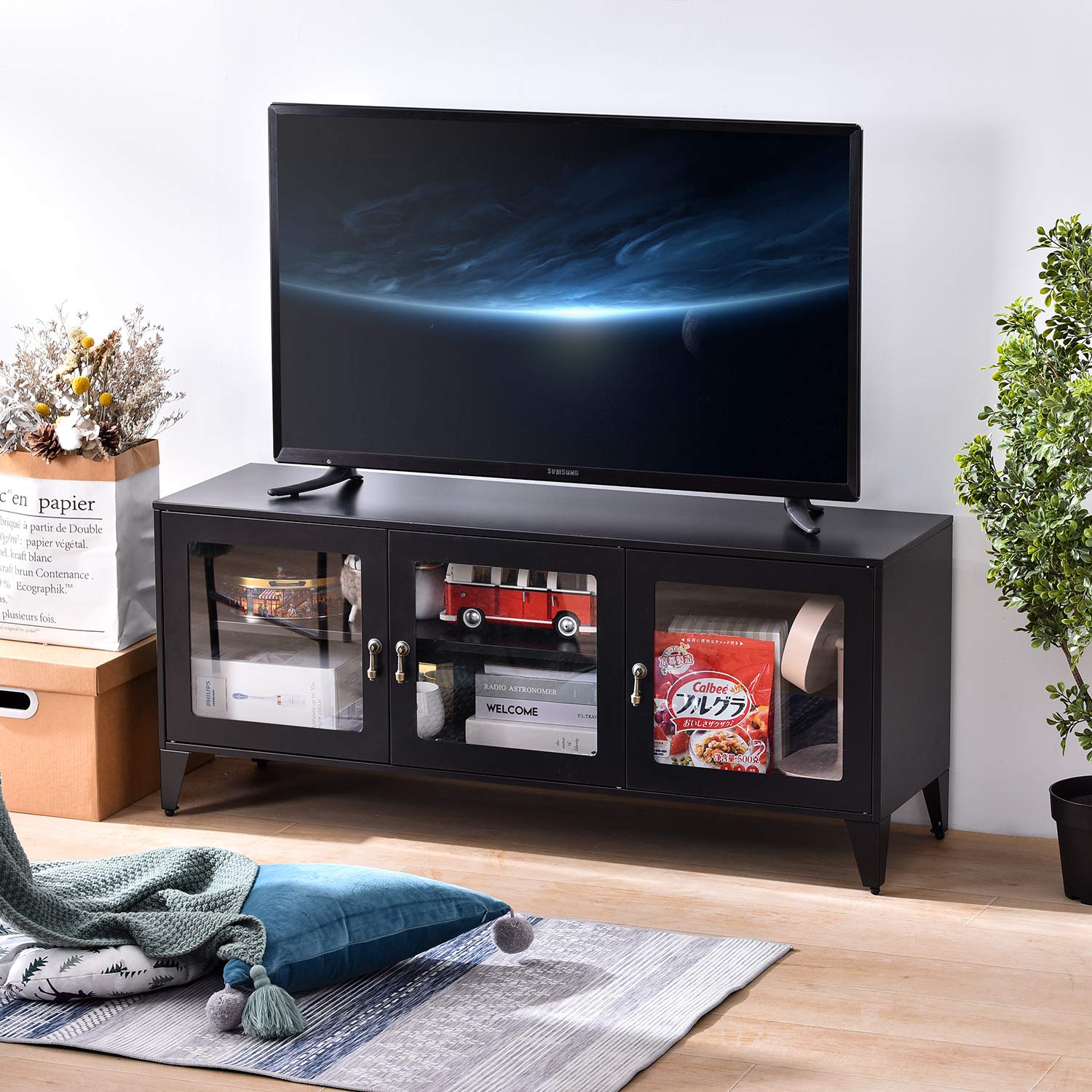 55 Inch Metal TV Stand with Acrylic Doors & Shelves - Black Entertainment Center for Living Room, Bedroom | Modern Storage Cabinet for TV, Gaming Console & Media Devices