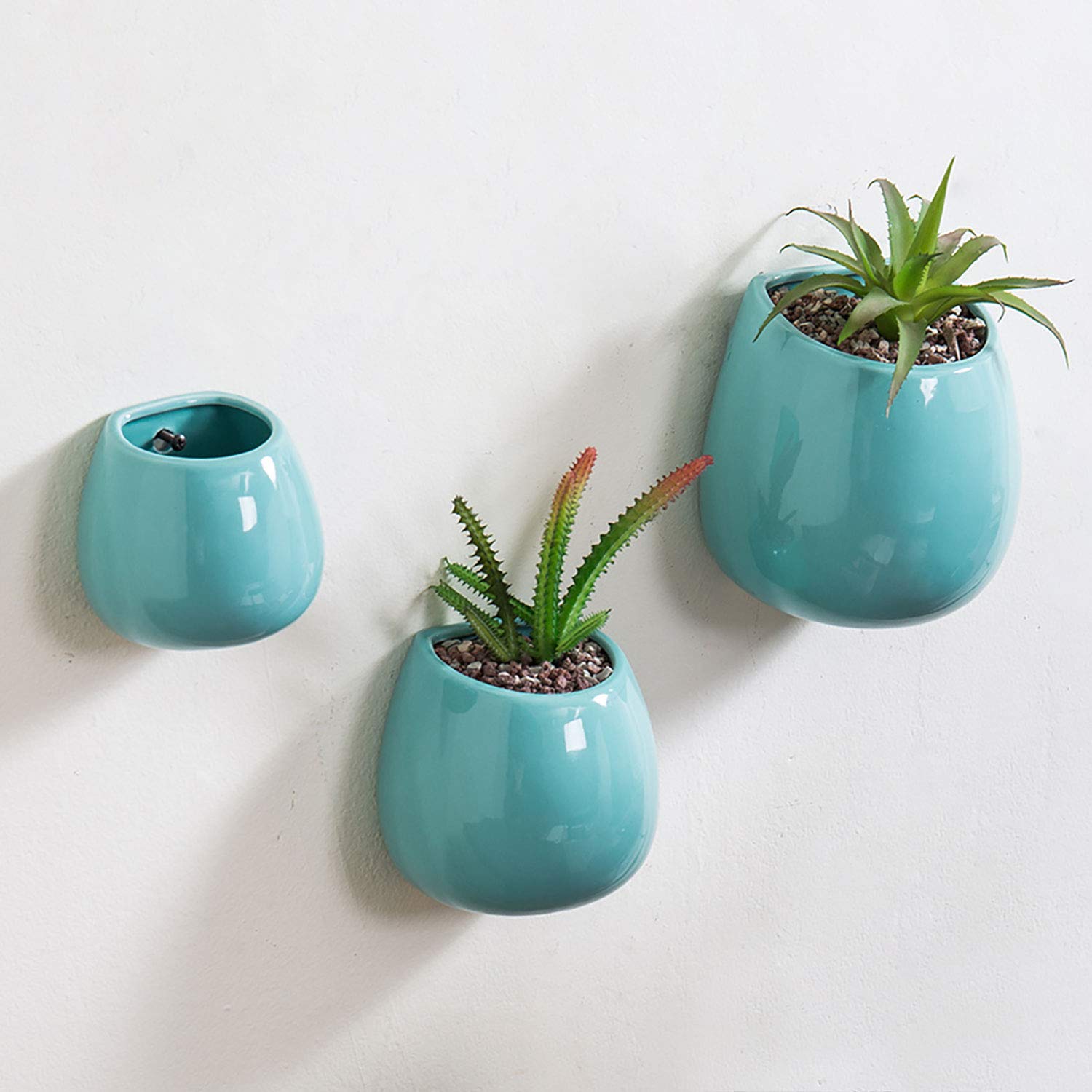 MyGift Aqua Blue Ceramic Wall Hanging Planter Set of 3 - Small Indoor Succulent Pots for Home Decor, Kitchen, Bathroom & Office Plants | Modern Boho Style Hanging Flower Pots for Herbs, Air Plants & Cacti