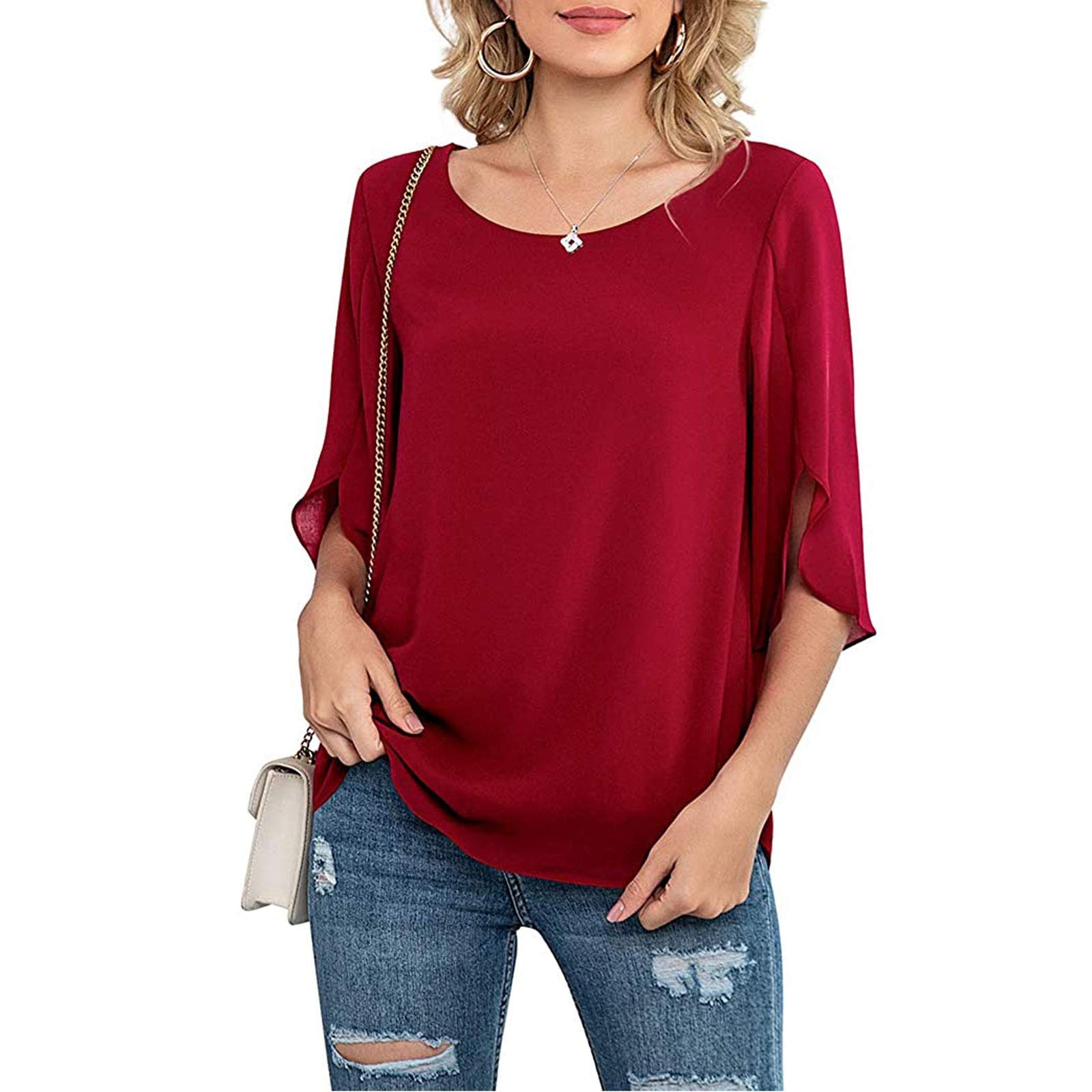 Women's Casual Scoop Neck Loose 3/4 Sleeve Chiffon Blouse - Flowy Comfort Top for Work, Date Night & Summer Outfits
