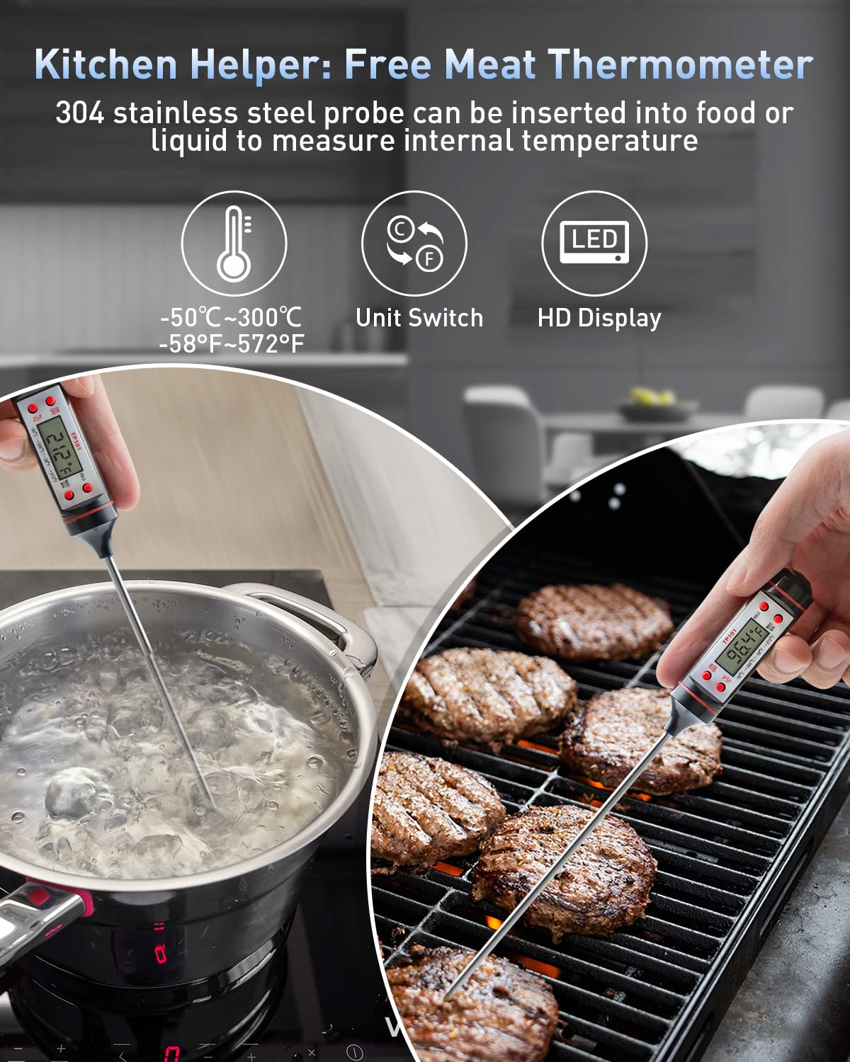 Eventek Digital Infrared Thermometer Gun -58°F to 1112°F (-50°C to 600°C) with Laser Pointer, Adjustable Emissivity - 3-in-1 Non-Contact Temperature Gun for Cooking, Grilling, HVAC, Automotive & Industrial Use - Includes Meat Thermometer & Carrying Bag