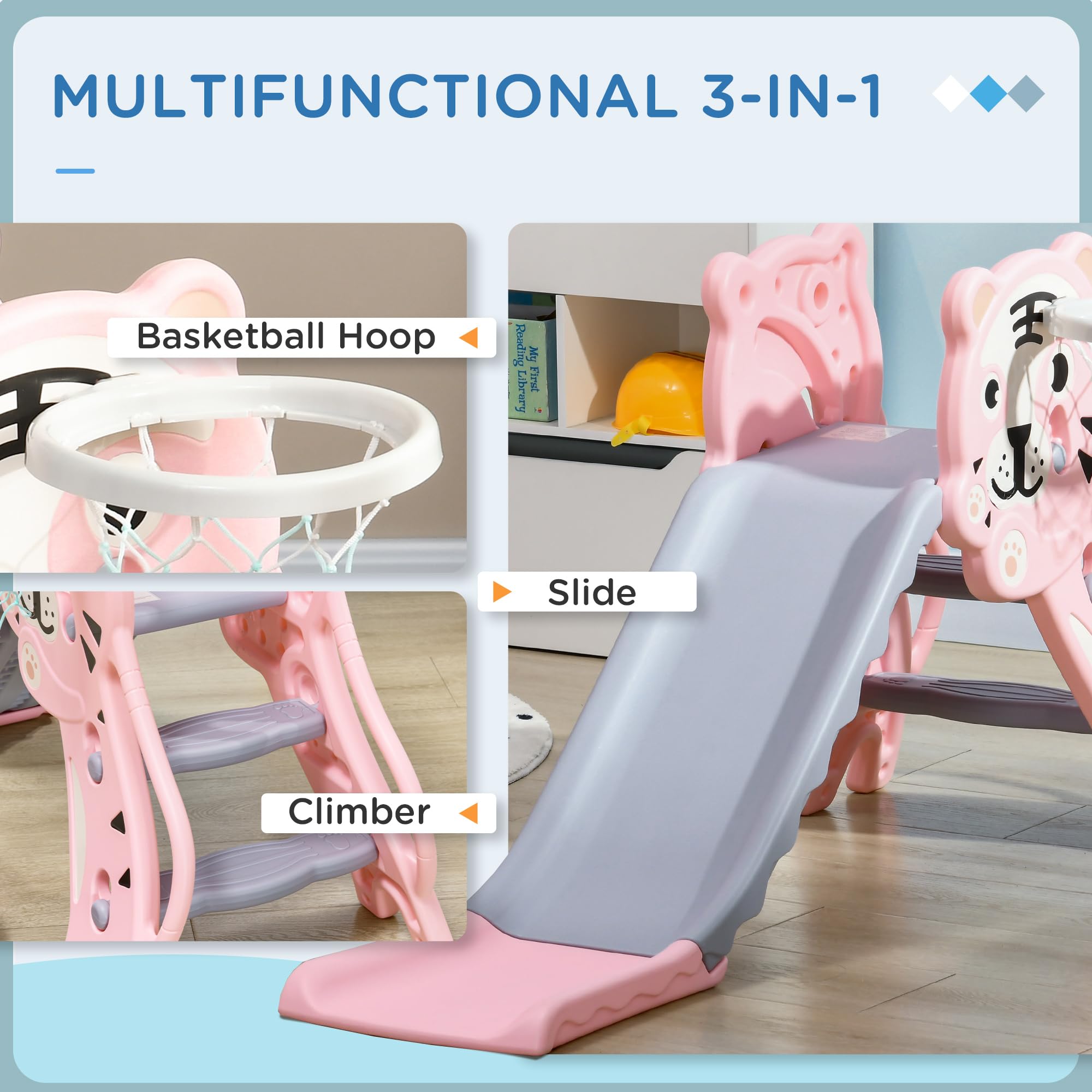 Qaba 3-in-1 Indoor Toddler Slide Playset with Basketball Hoop & Climber - Easy Assembly for Kids 18-36 Months - Tiger Design Pink Slide for Home Playroom, Daycare or Backyard Fun