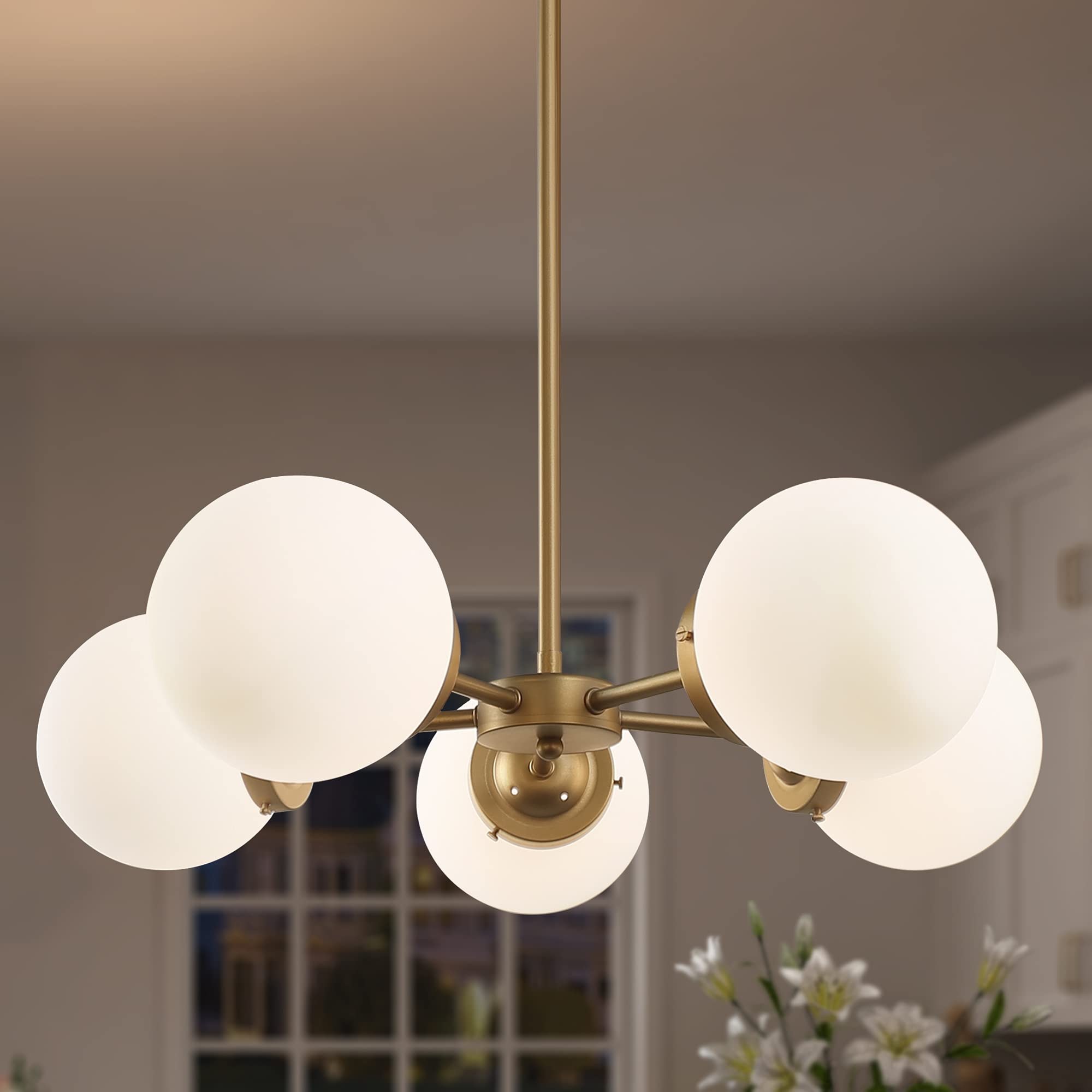 Modern Gold Chandelier Lighting Fixture - 5-Light Globe Design with Frosted Glass Shades for Dining Room, Bedroom, Foyer & Kitchen | Elegant Ceiling Light for Home Decor & Interior Design