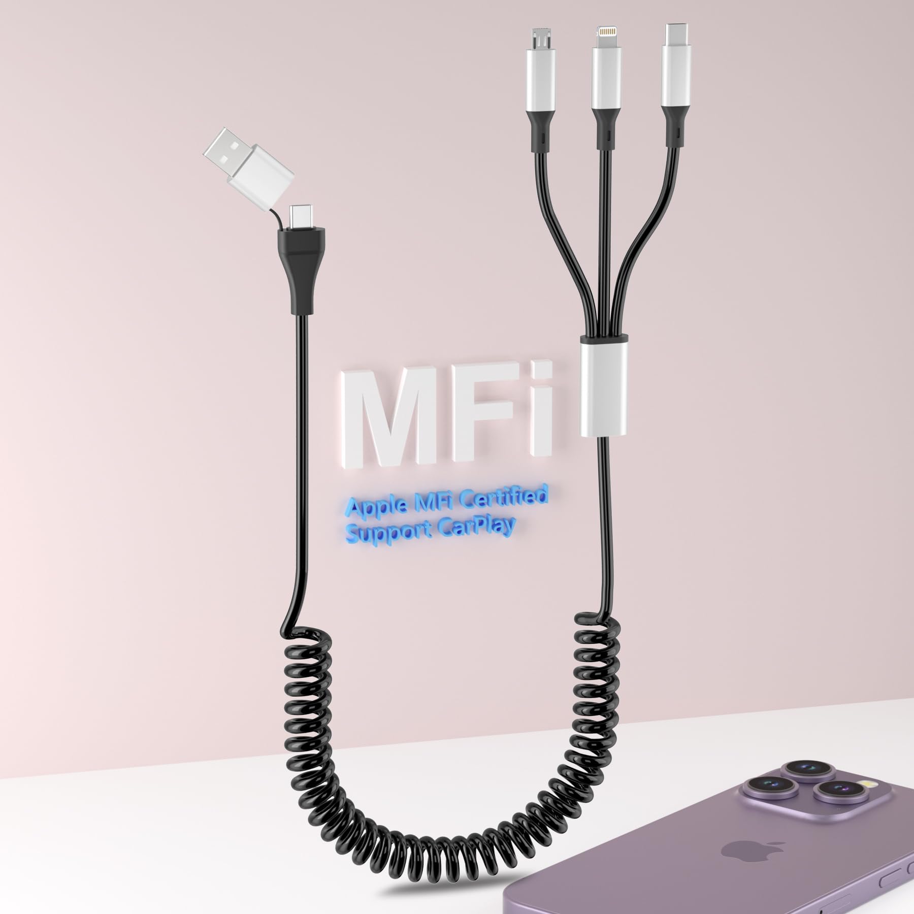 5-in-1 Multi Charging Cable - USB A & USB C to Lightning/USB C/Micro USB Fast Charging Cord for iPhone 15/14/13/12/11/X/8 & Android Phones | Data Sync & Apple CarPlay Support | Perfect for Home, Office & Travel (Black)