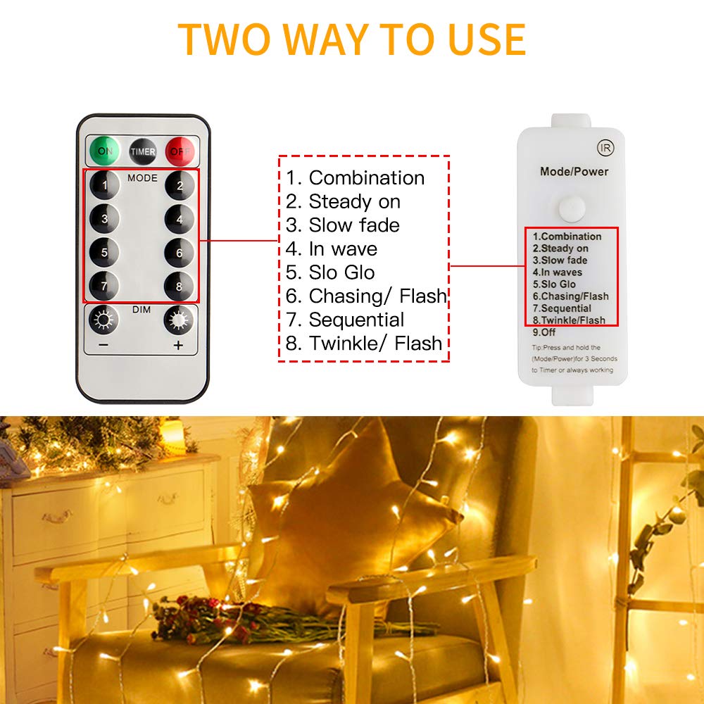 Koopower 65ft 200 LED String Lights with Remote & Timer - Dimmable Plug-in Fairy Lights in Warm White, 8 Lighting Modes for Bedroom, Wedding, Party & Christmas Decorations - Perfect for Indoor Home, Garden, and Holiday Decor